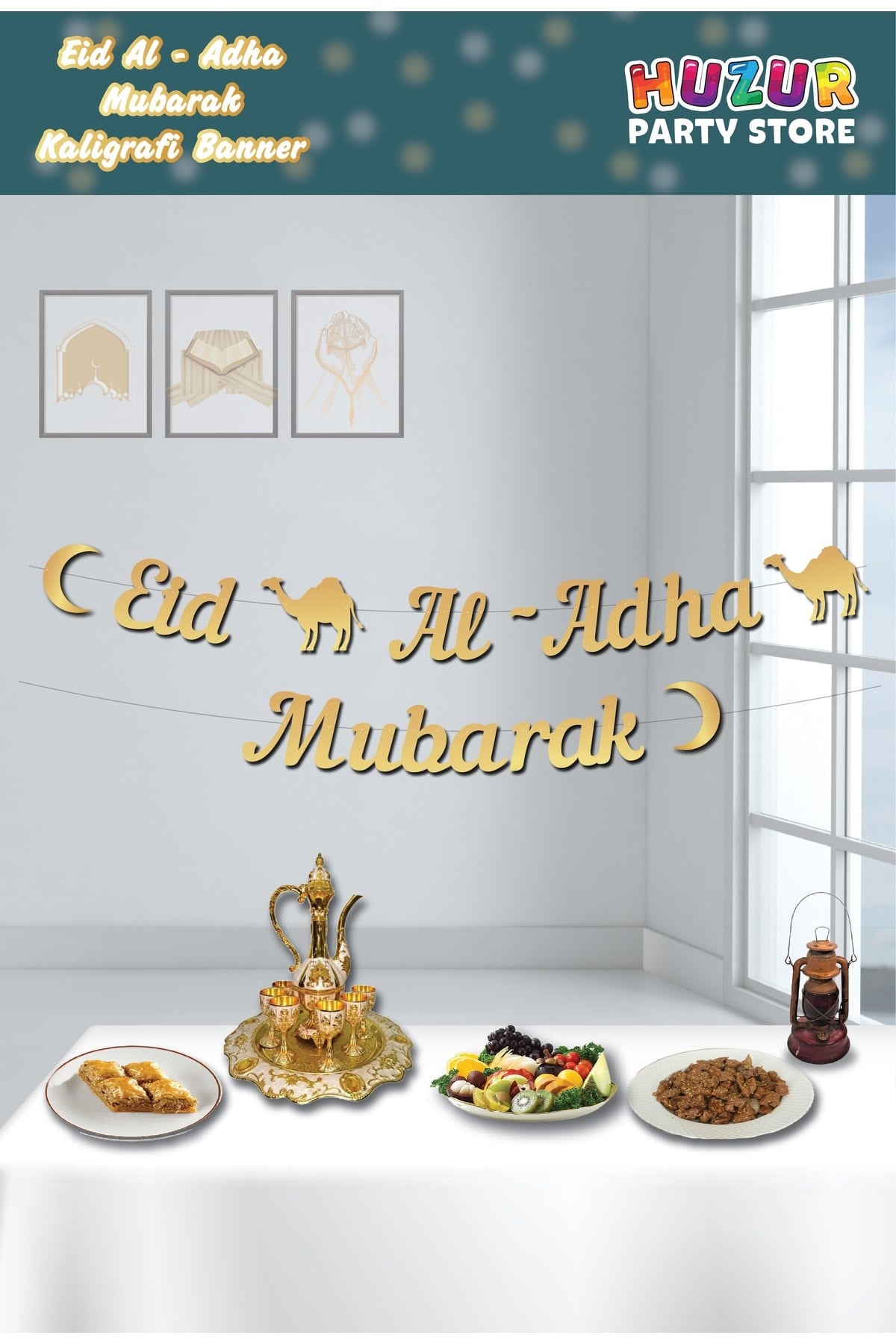 Eid Al - Adha Mubarak Yazılı Kaligrafi Banner Gold Altın Renkli 230x20 Cm Kurban Bayramı Asılan Süs