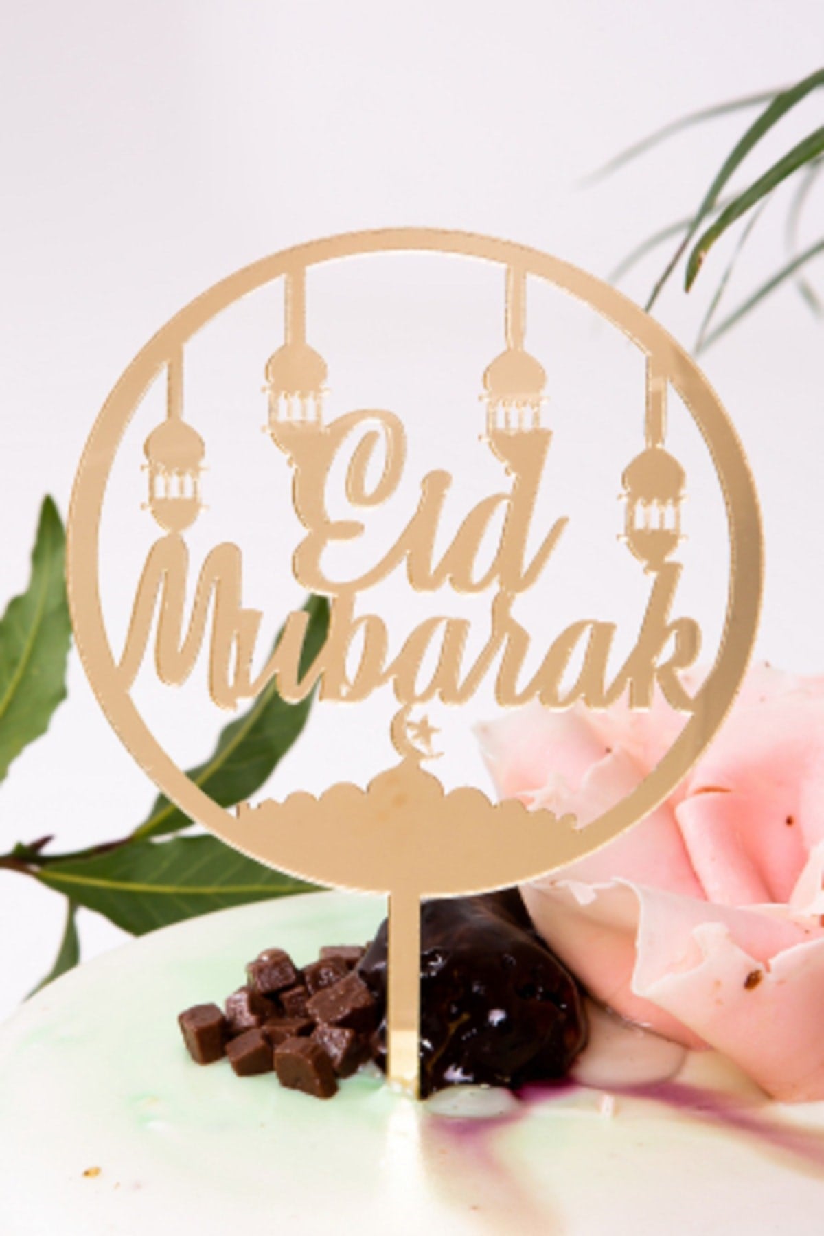 Eid Mubarak Yazılı Gold Ayna Pleksi Altın Sarısı Pasta Üstü Isimlik Yazı Ramazan Bayramı Dini Süsü