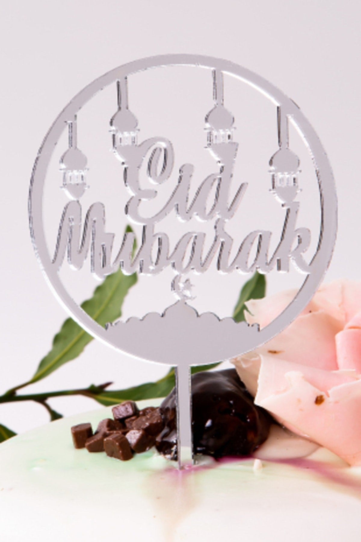 Eid Mubarak Yazılı Gümüş Ayna Pleksi Gri Silver Pasta Üstü Isimlik Yazı Ramazan Bayramı Dini Süsü