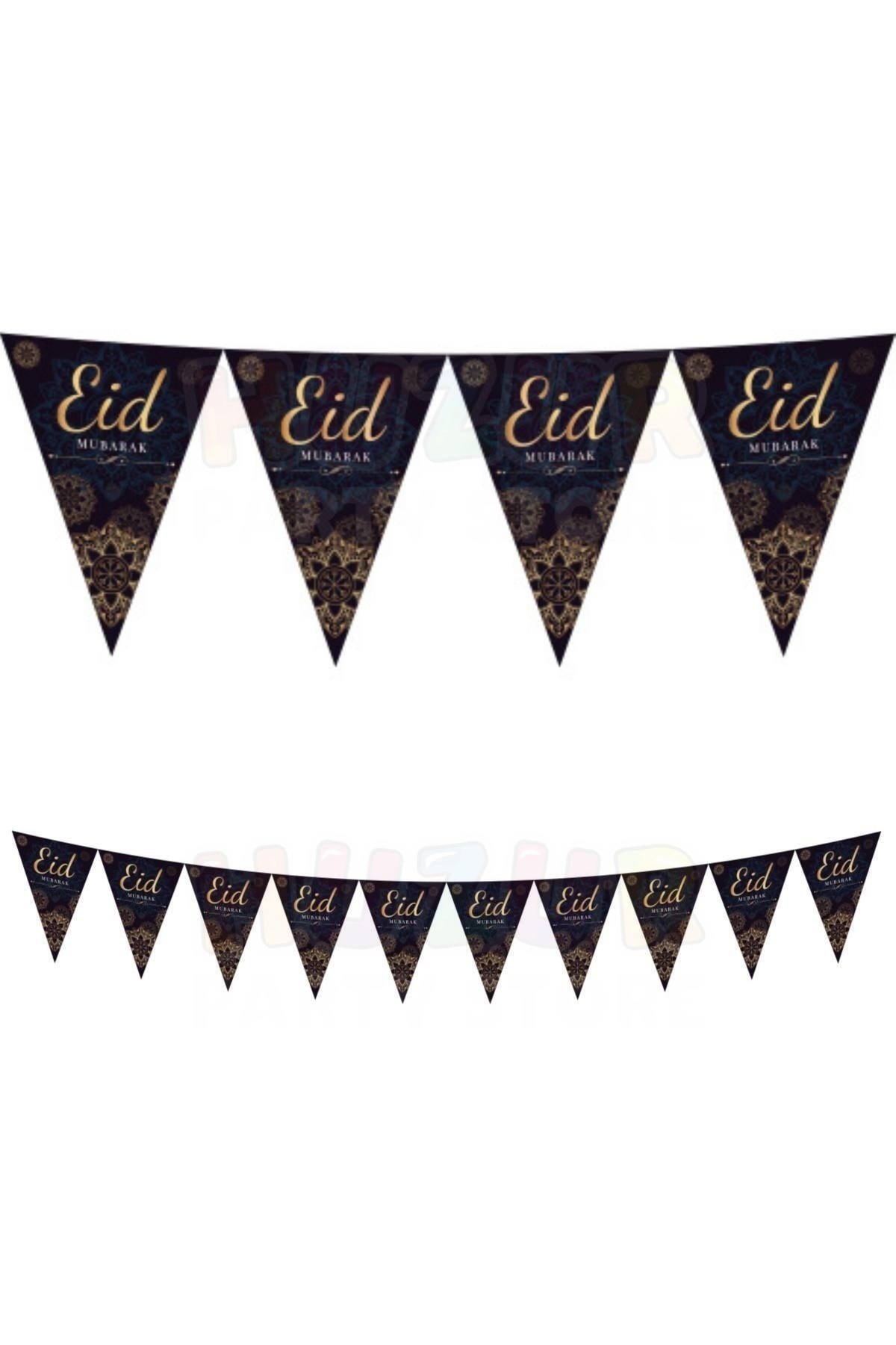 Eid Mubarak Yazılı Üçgen Flama 180 Cm 10 Bayrak Ramazan Bayramı Gold Altın Dini Islami Süsü