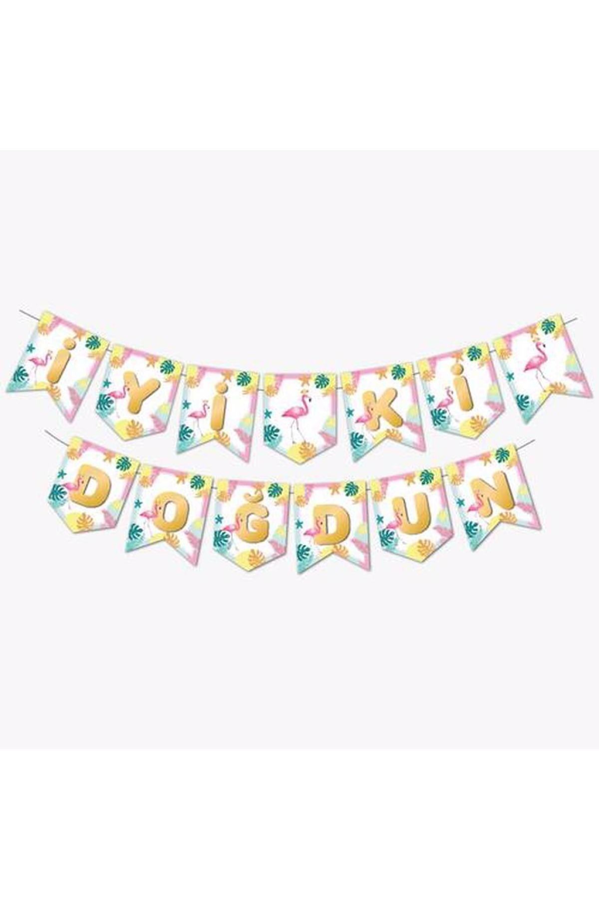 Flamingo Temalı Ananas Yaprak Parti Konsepti 2 Metre Iyiki Doğdun Yazısı Karton Yazı Zigzag Banner