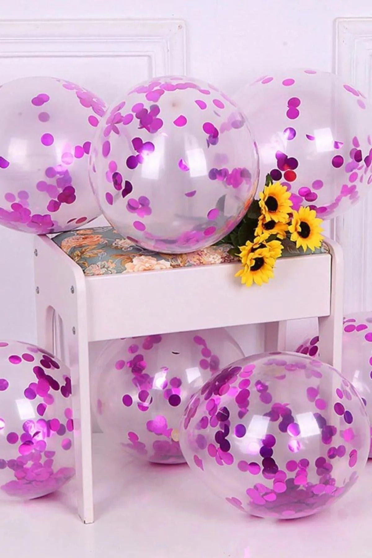 Fuşya Konfetili Şeffaf Balon 10 Adet Içi Gözüken Pullu Balon Balon Pulu Renksiz Balon