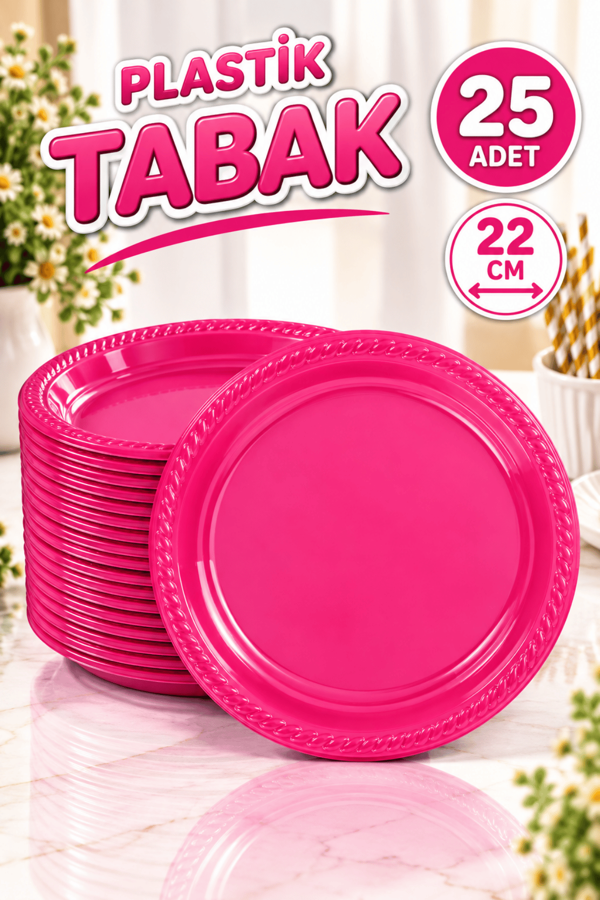 Fuşya Renginde 22cm 25li Parlak Tabak Renkli Dayanıklı Koyu Pembe Plastik Doğum Günü Parti Tabağı