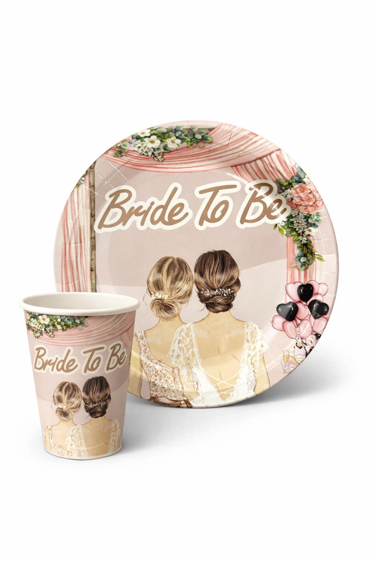 Gelin Çiçek Balon Baskılı Tabak Bardak 8li Set Karton Bride To Be Yazılı Bekarlığa Veda Parti Süsü