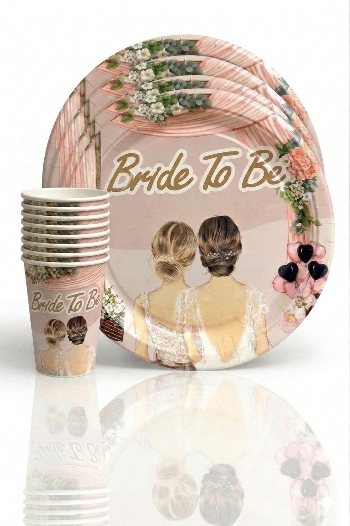 Gelin Çiçek Balon Baskılı Tabak Bardak 8li Set Karton Bride To Be Yazılı Bekarlığa Veda Parti Süsü
