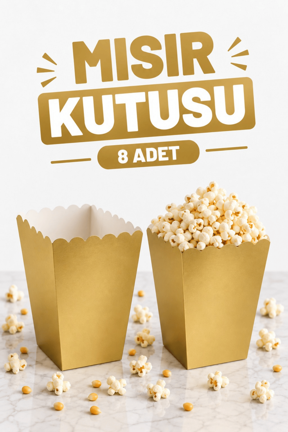 Gold Mısır Kutusu 8li Karton Cips Kutusu Düz Renkli 8 Adet Altın Renk Pop Corn Darı Kabı