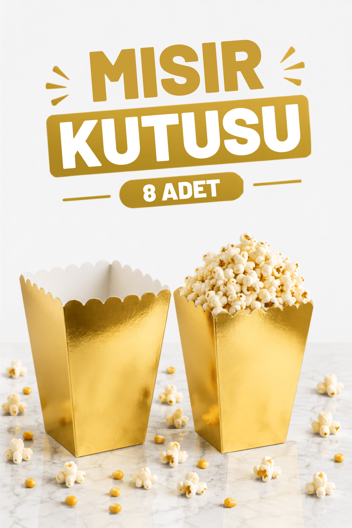 Gold Mısır Kutusu 8li Karton Cips Kutusu Düz Renkli 8 Adet Altın Renk Pop Corn Darı Kabı