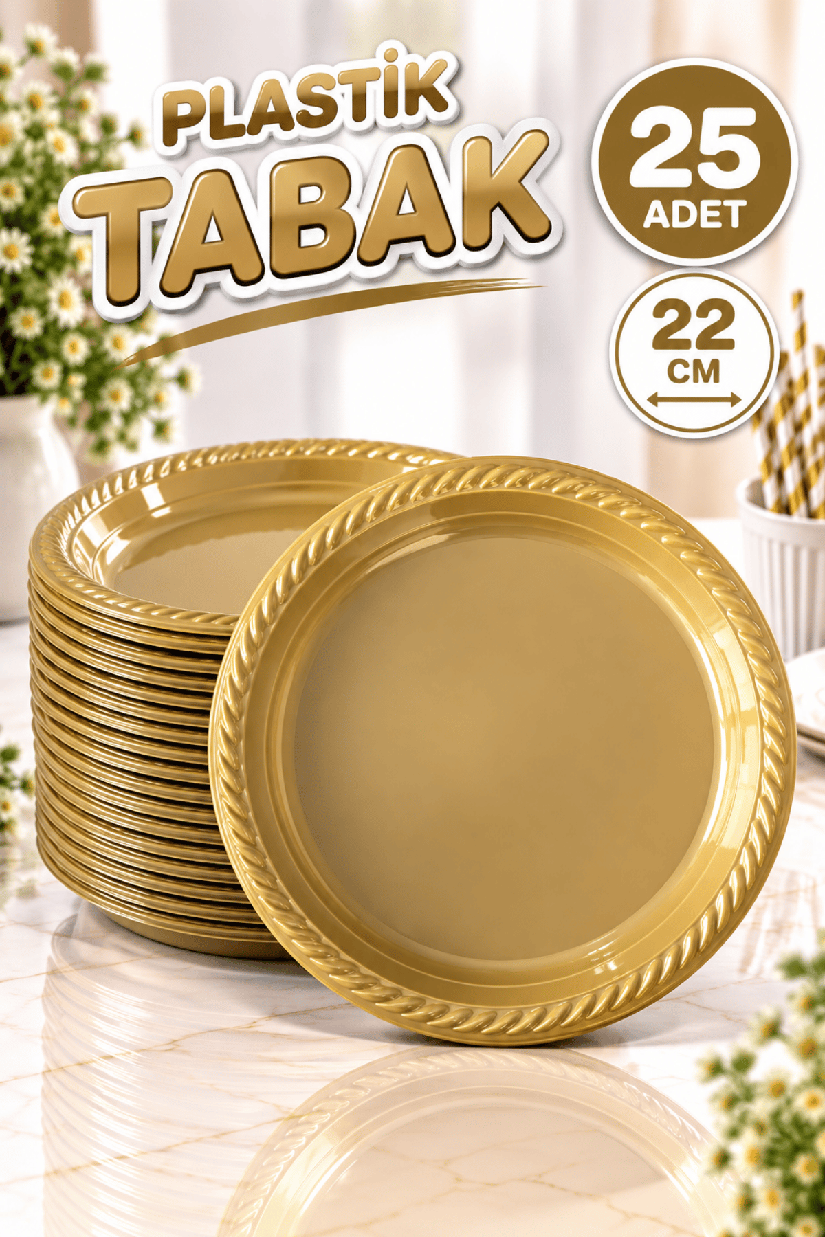 Gold Renginde 22cm 25li Parlak Tabak Renkli Dayanıklı Altın Plastik Doğum Günü Parti Tabağı