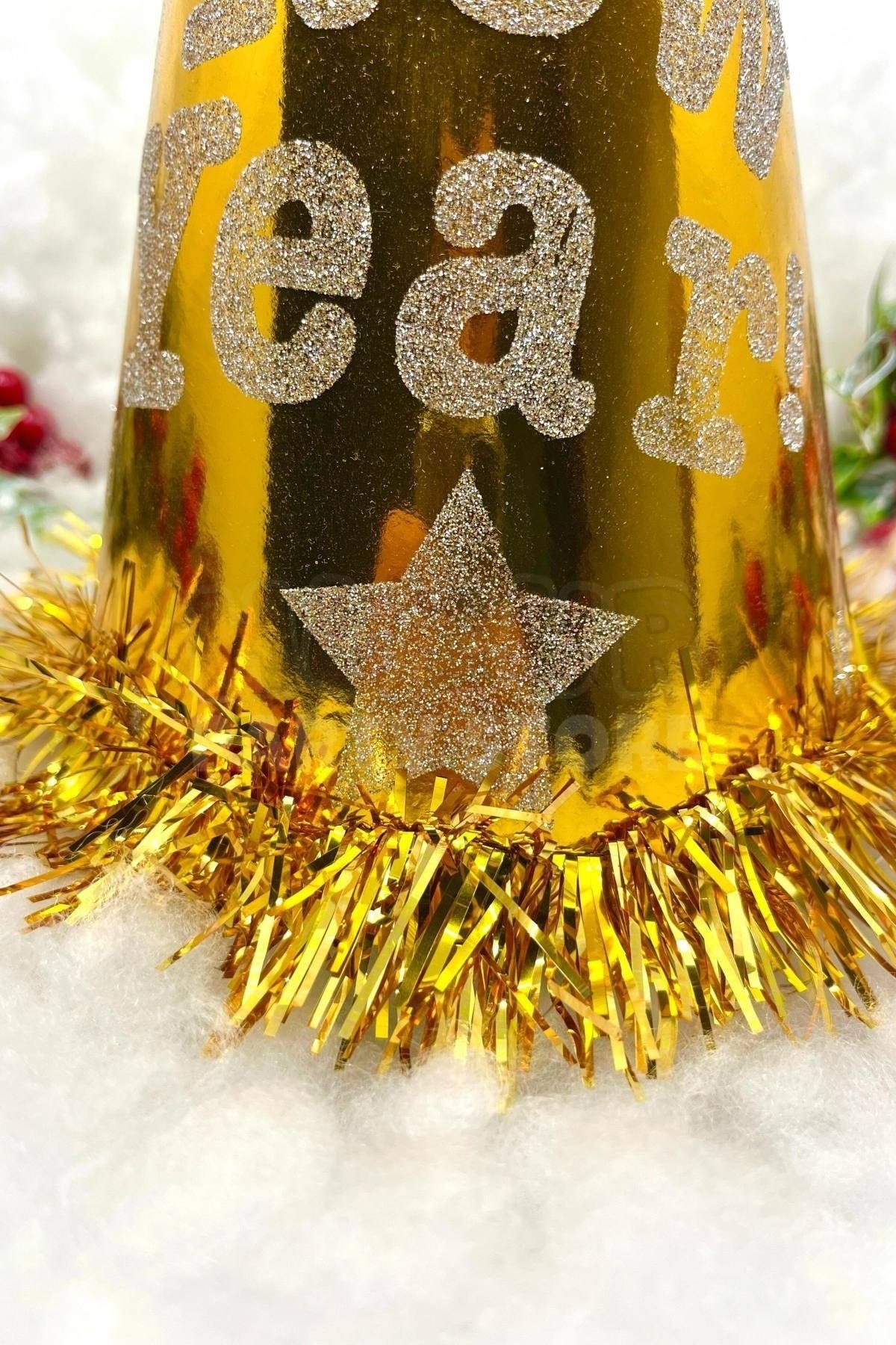 Gold Renk Yılbaşı Şapkası Karton Happy New Year Baskılı Simli Parlak Püsküllü Altın Sarısı Büyük Boy