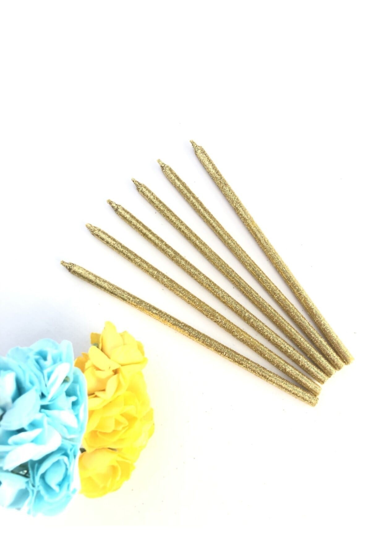 Gold Renkli 14 Cm Simli Göz Alıcı Ince Kibar Altın Işıl Işıl 6 Lı Doğum Günü Parti Pasta Kek Mumu