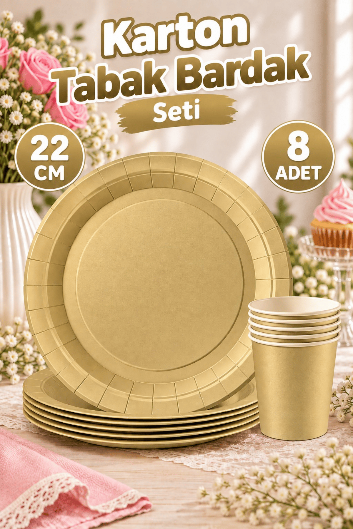 Gold Renkli Dayanıklı Kullan At 8 Er Adet 22 Cm Doğum Günü Partisi Altın Karton Tabak Ve Bardak Seti