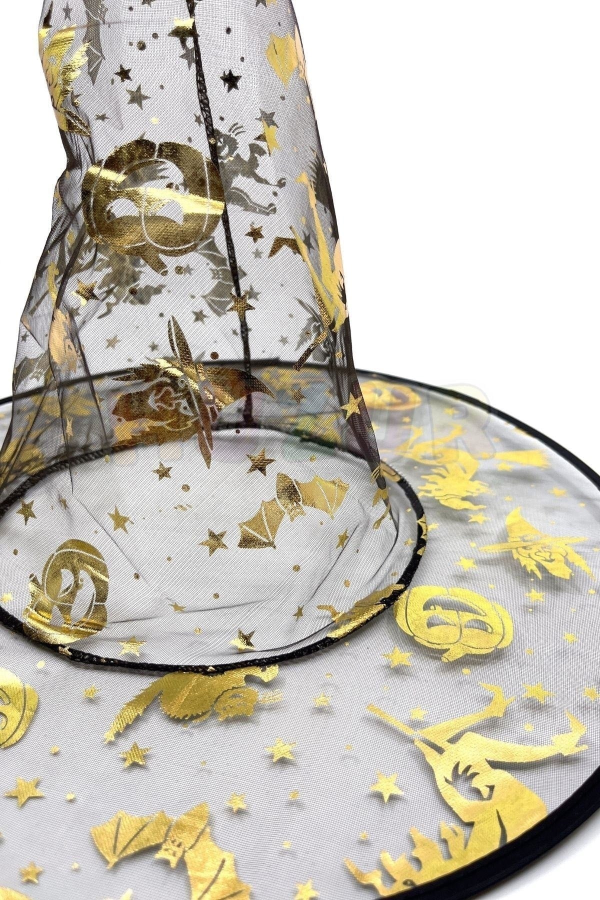 Gold Siyah Tül Şapka Halloween Partisi Cadılar Bayramı Altın Sarısı Unisex Cadı Kedi Yarasa Detaylı