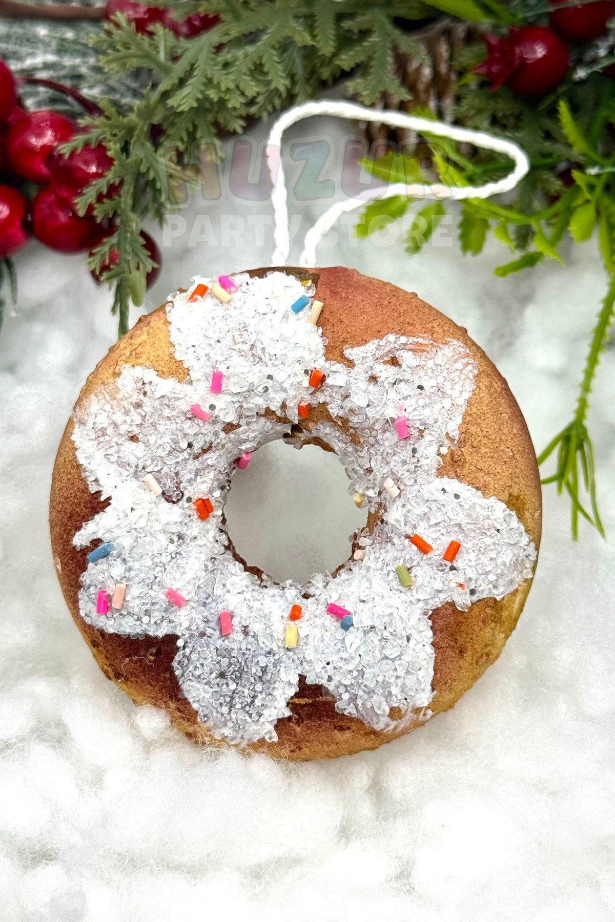Granül Serpiştirilmiş Donut Yılbaşı Ağacı Süsü 8 Cm Renkli Parıltılı Yeni Yıl Strafor Çam Ağaç Süsü
