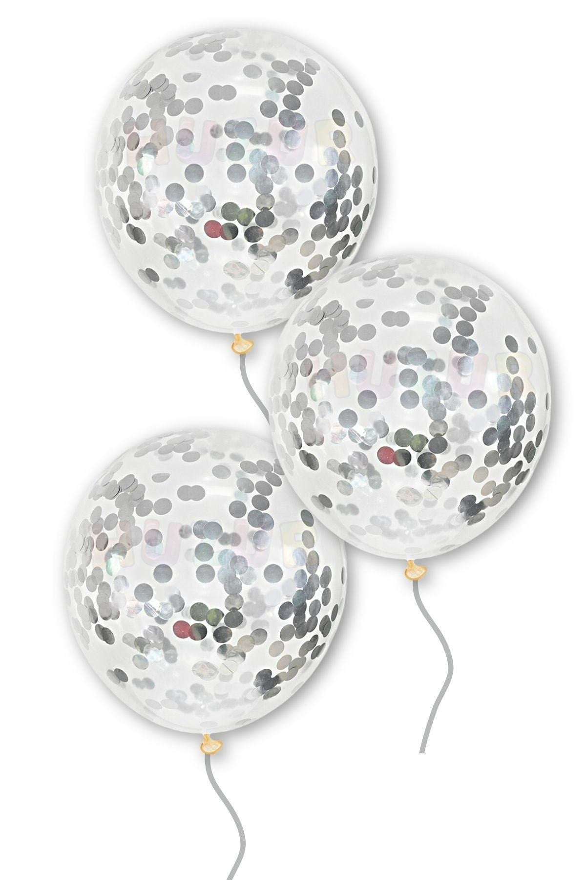Gümüş Konfetili Şeffaf Balon 10 Adet 30 Cm Içi Gözüken Pullu Balon Gri Balon Pulu Renksiz Balon