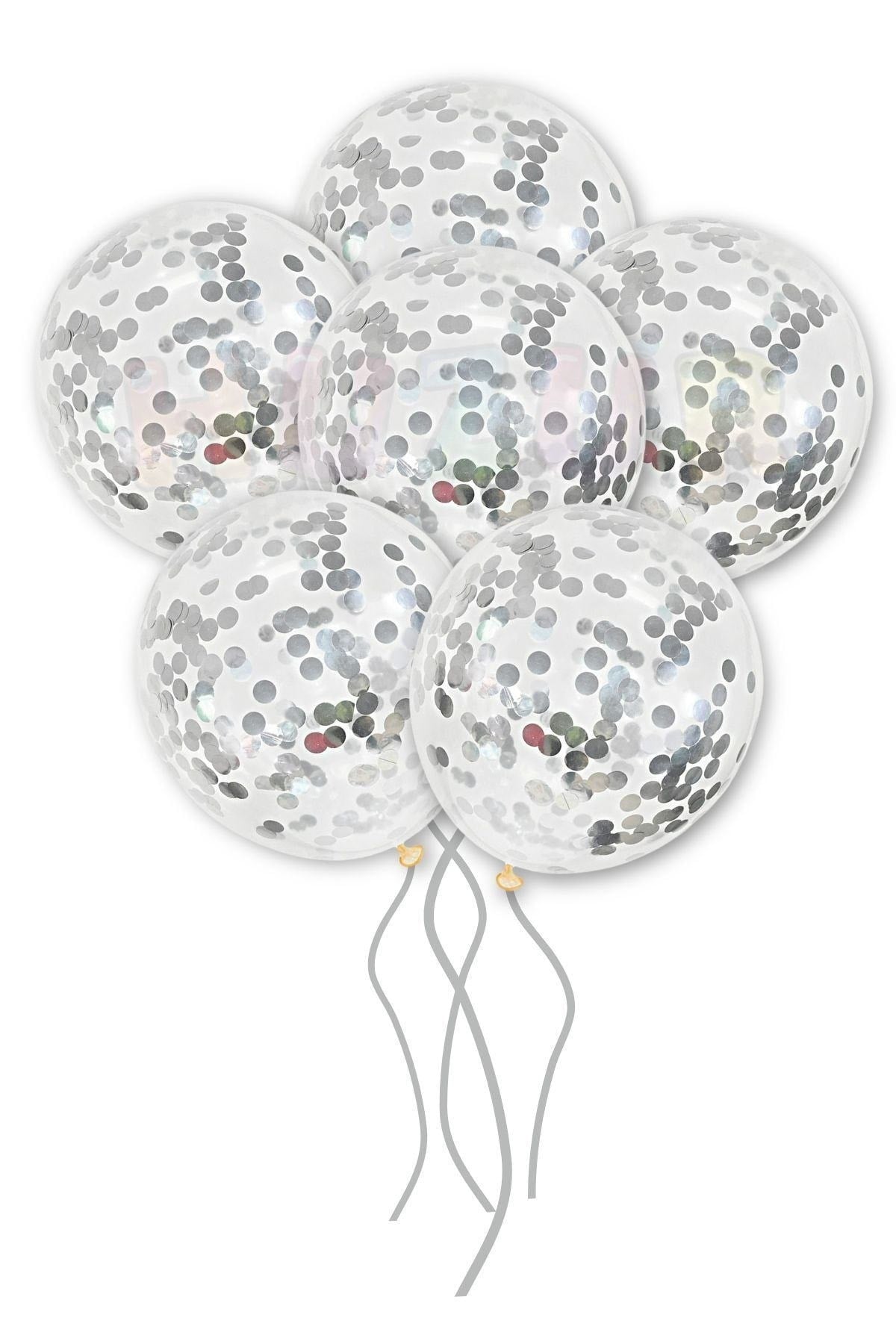 Gümüş Konfetili Şeffaf Ve Gümüş Krom Balon Seti 20 Adet 30 Cm Içi Gözüken Gri Pullu Balon Pulu Parti