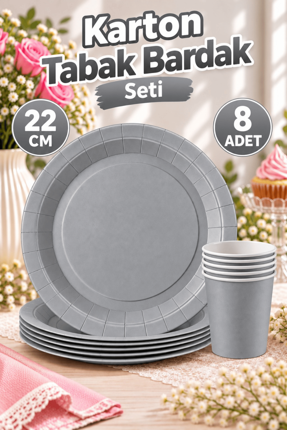 Gümüş Renkli Dayanıklı Kullan At 8 Er Adet 22 Cm Doğum Günü Partisi Silver Karton Tabak Bardak Seti