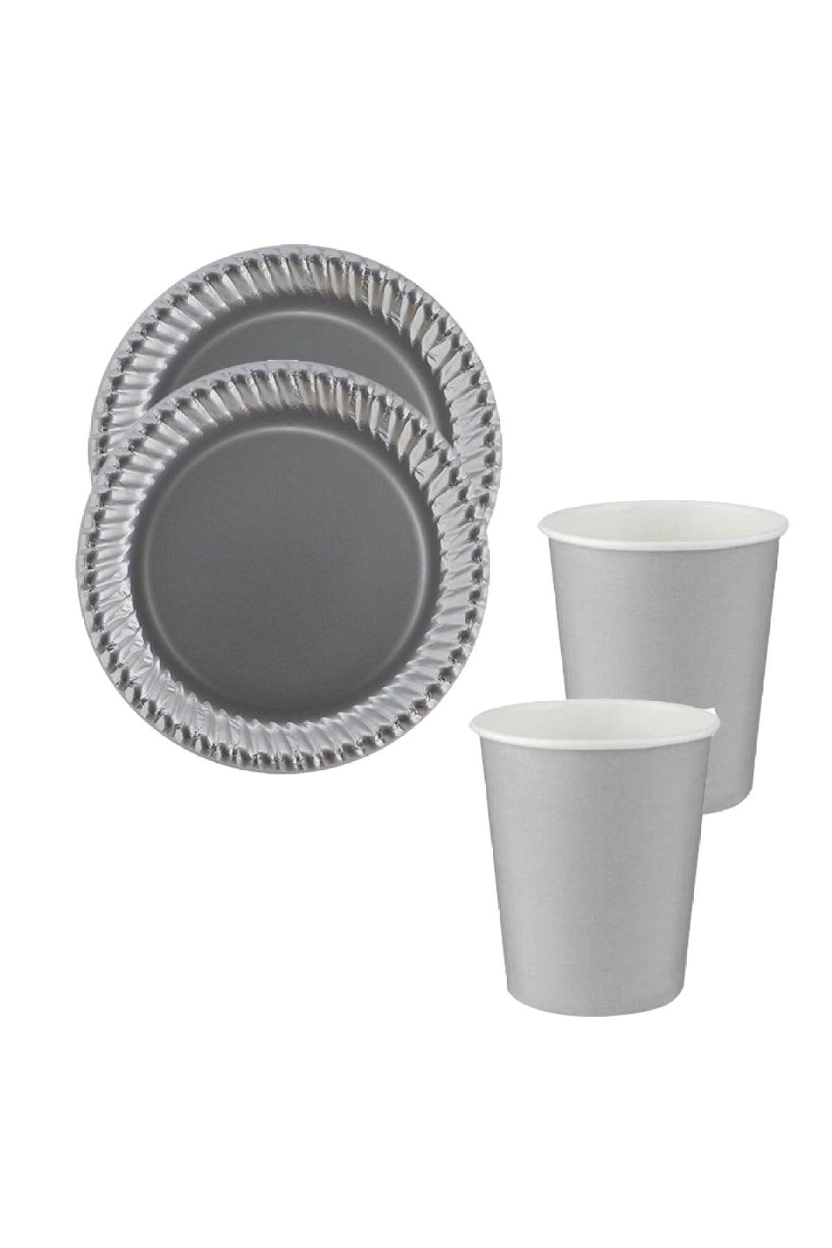 Gümüş Renkli Dayanıklı Kullan At 8 Er Adet 22 Cm Doğum Günü Partisi Silver Karton Tabak Bardak Seti