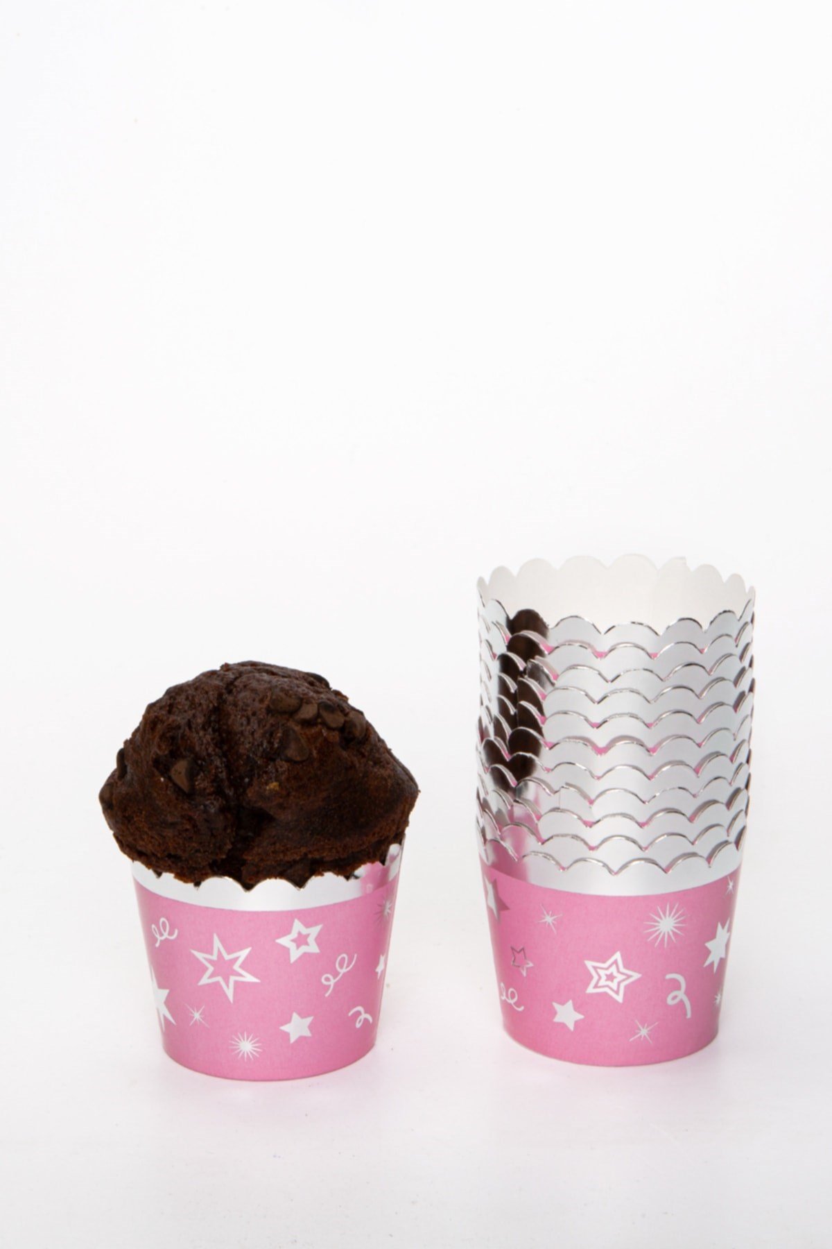 Gümüş Yaldızlı Pembe 12li Kek Kalıbı Yıldız Konfeti Detaylı Fırında Dağılmayan 6.5x5 cm Muffin
