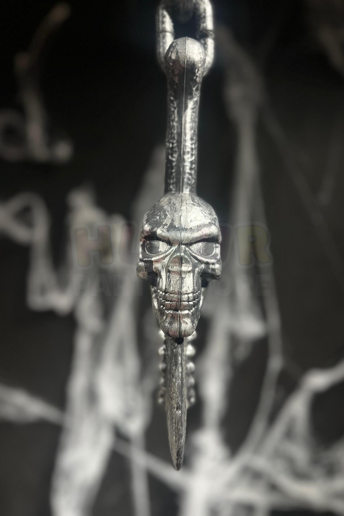 Halloween Kancalı Orak Kelepçe Cadılar Bayramı Partisi Pranga Dekoru 80 Cm Zincirli Eskitme Gümüş