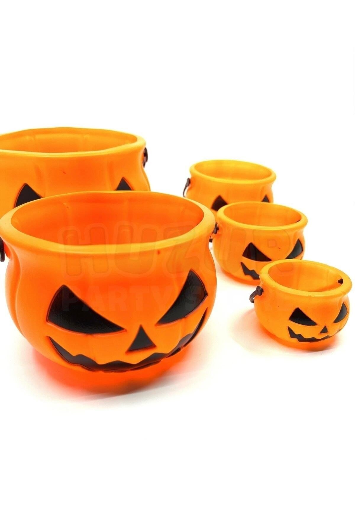 Halloween Partisi Şeker Kovası 5 Li Set Tutma Saplı Şekerlik Cadılar Bayramı Dekor Ürünü 5 Adet