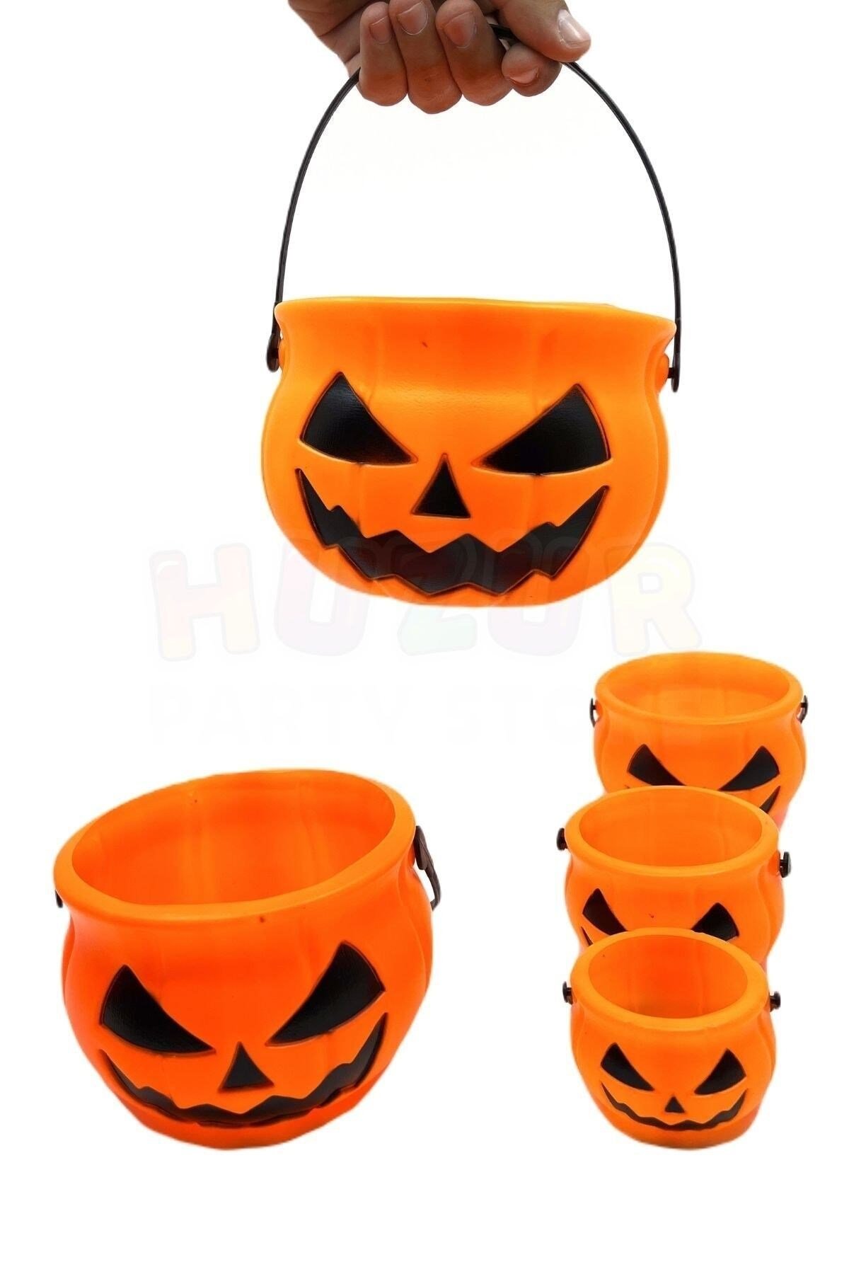 Halloween Partisi Şeker Kovası 5 Li Set Tutma Saplı Şekerlik Cadılar Bayramı Dekor Ürünü 5 Adet