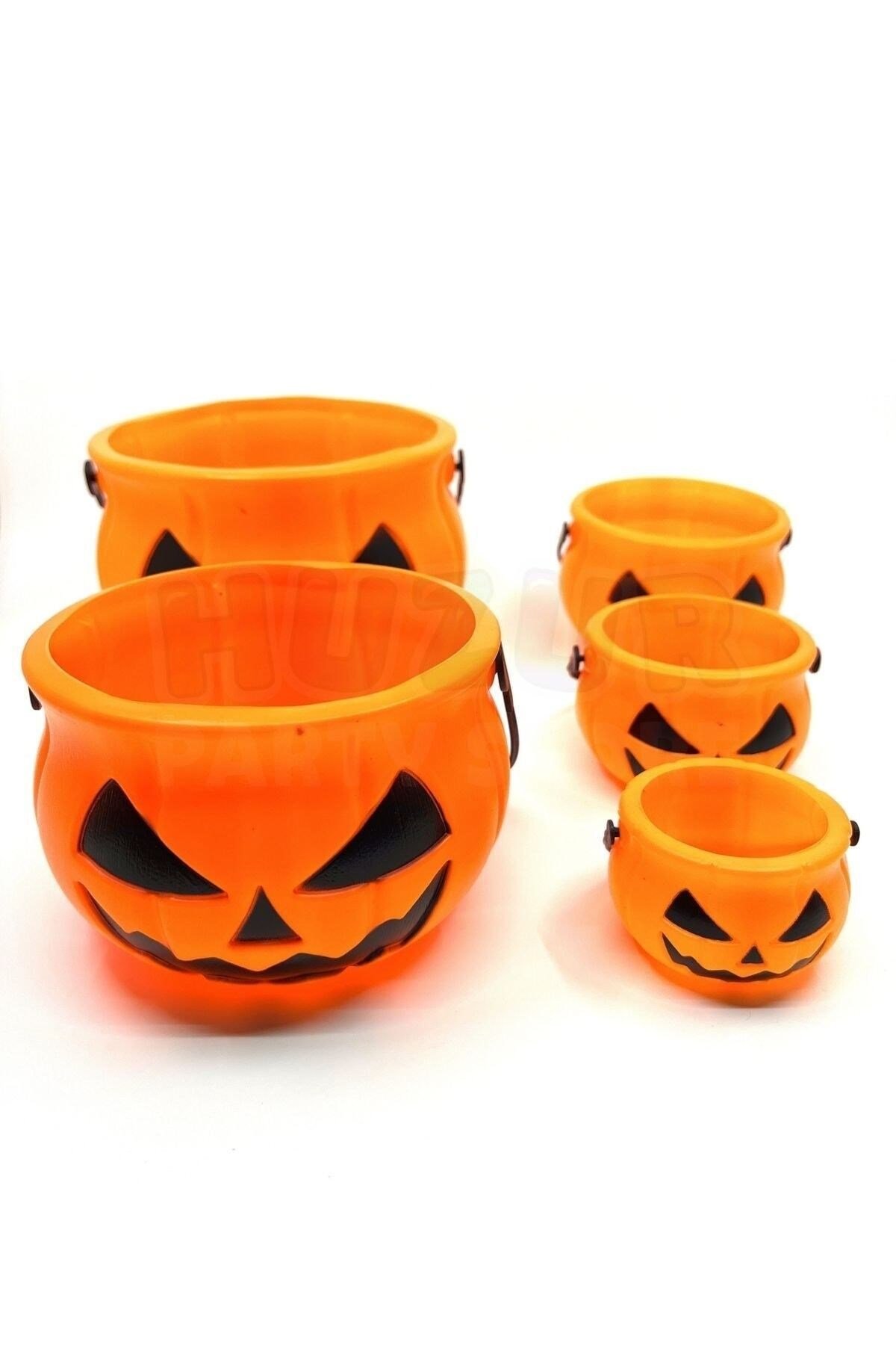 Halloween Partisi Şeker Kovası 5 Li Set Tutma Saplı Şekerlik Cadılar Bayramı Dekor Ürünü 5 Adet