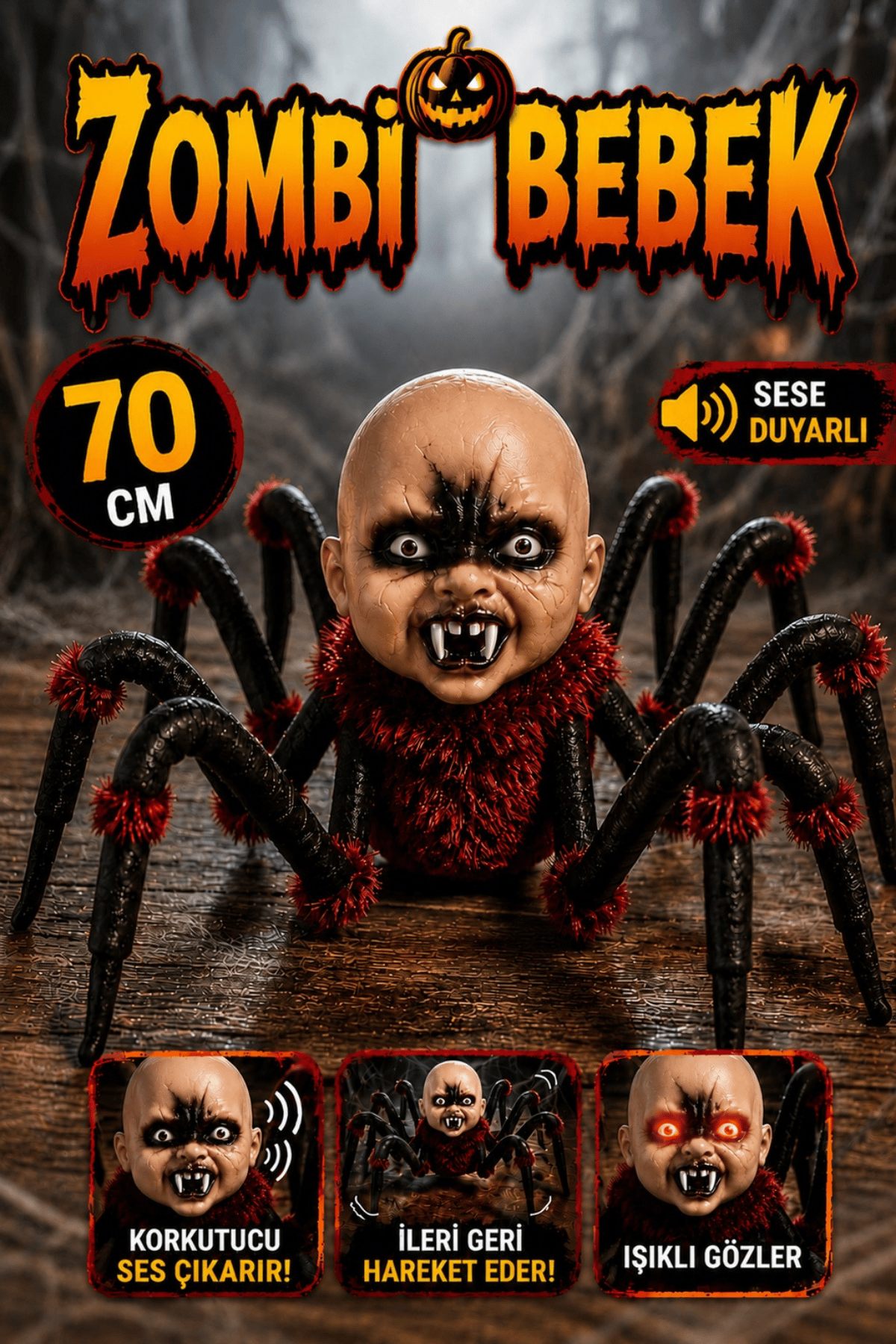 Hareket Eden Sesli Işıklı Örümcek Bebek 70 Cm Pilli Tüylü Halloween Cadılar Bayramı Sese Duyarlı