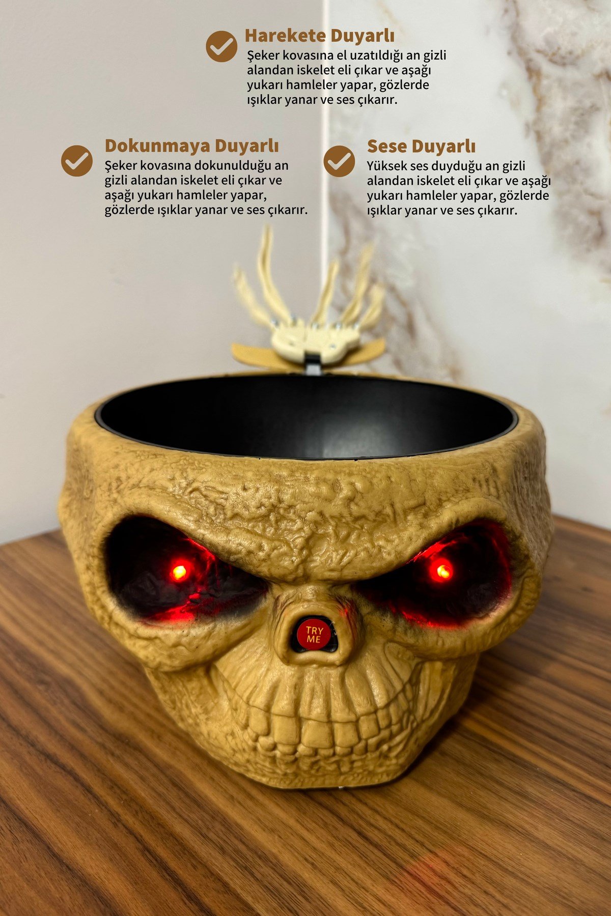 Hareketli Sesli Işıklı Kafatası Şeker Kovası Gizli İskelet Eli 25x12 Cm Halloween Cadılar Bayramı
