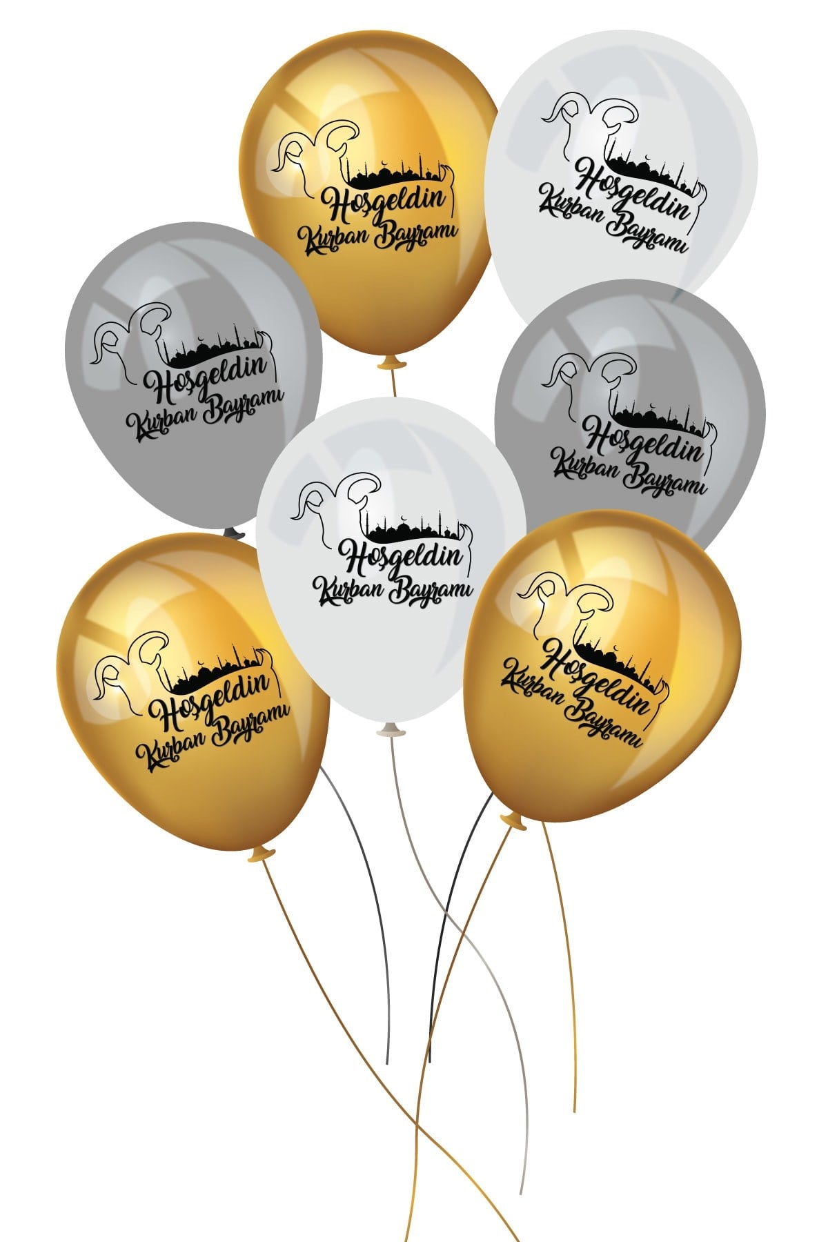 Hoşgeldin Kurban Bayramı Baskılı 10 Adet Balon Keçi Detaylı Tasarım Dini Islam Süs Gold Gümüş Beyaz