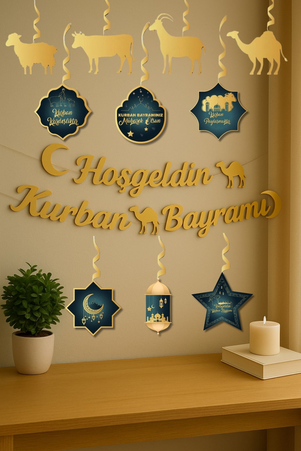 Hoşgeldin Kurban Bayramı Yazısı 6 Adet Tavan Süsü 8 Adet Hayvanlar Temalı Dini Süsleme Süs Seti