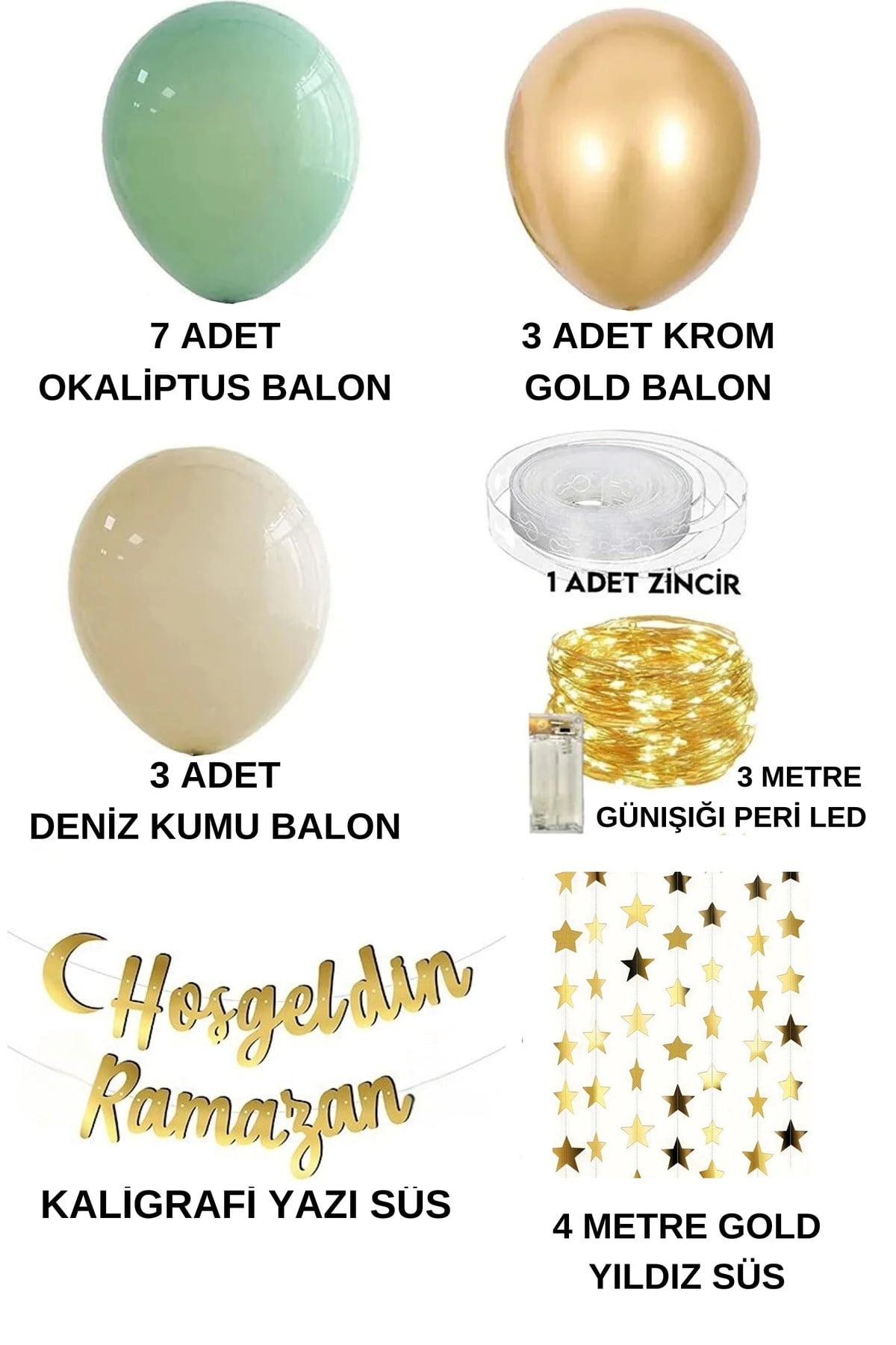 Hoşgeldin Ramazan Yazılı 17 Parça Süsleme Seti 11 Ayın Sultanı Bayramı Led Işıklı Yazı Balon Zincir