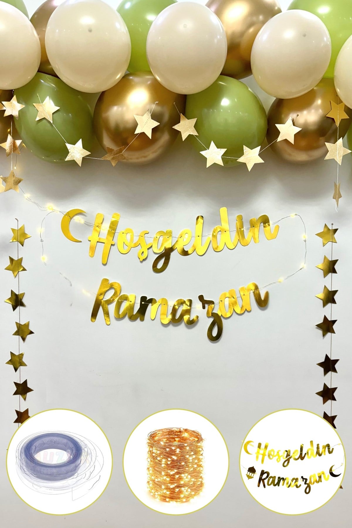 Hoşgeldin Ramazan Yazılı 17 Parça Süsleme Seti 11 Ayın Sultanı Bayramı Led Işıklı Yazı Balon Zincir