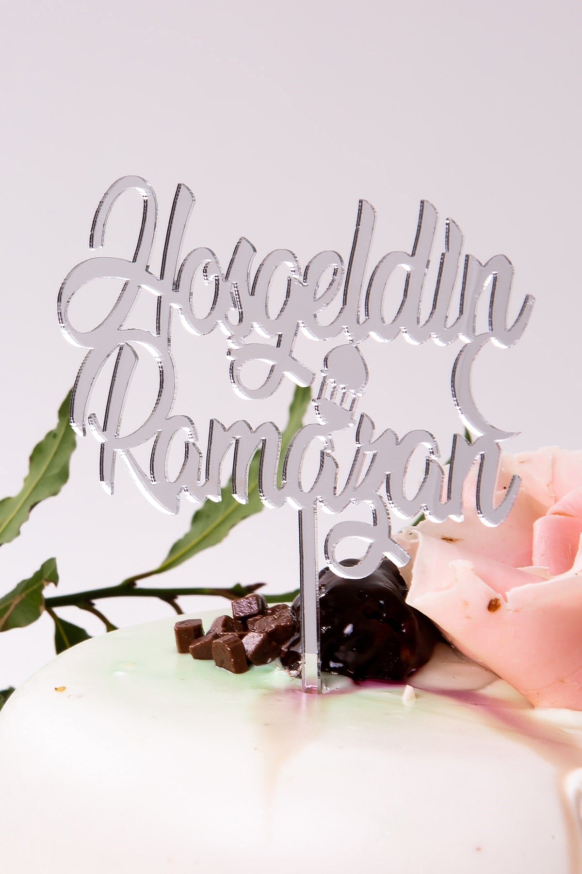 Hoşgeldin Ramazan Yazılı Gümüş Ayna Pleksi Gri Pasta Üstü Silver Yazı Ramazan Bayramı Dini Süsü