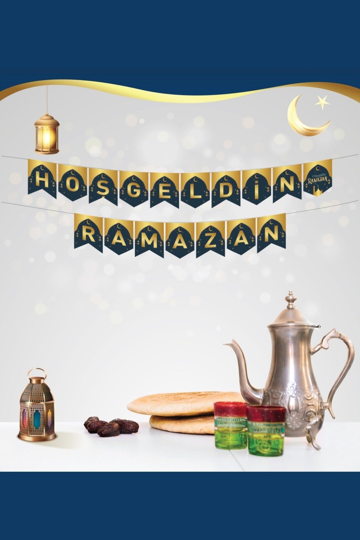 Hoşgeldin Ramazan Yazılı Zikzak Banner Siyah Gold Renkli 250x17 Cm Altın Renginde Dini Bayram Süs Gb