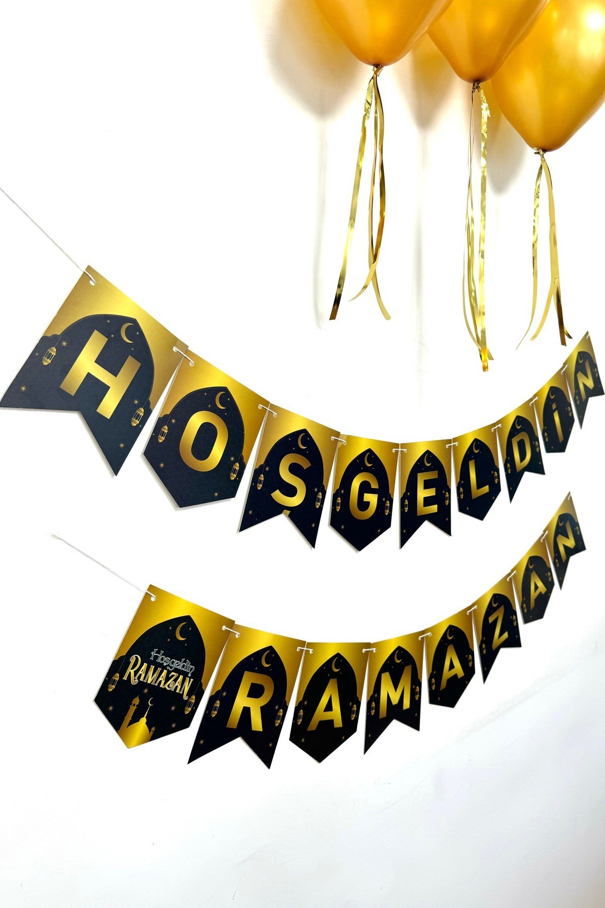 Hoşgeldin Ramazan Yazısı + 3 Gold Metalik Balon + Metalik Balon İpi Süsleme Seti İslami Bayramı Süsü