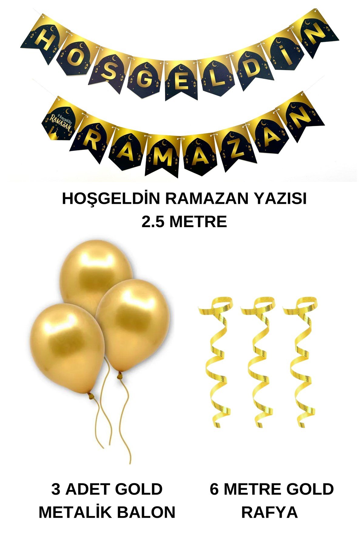 Hoşgeldin Ramazan Yazısı + 3 Gold Metalik Balon + Metalik Balon İpi Süsleme Seti İslami Bayramı Süsü