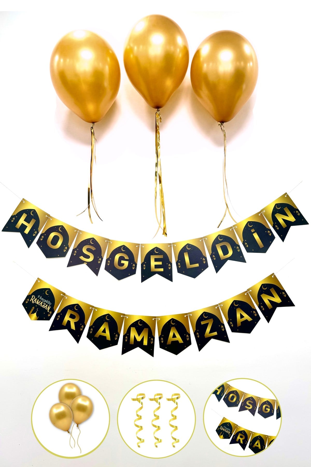 Hoşgeldin Ramazan Yazısı + 3 Gold Metalik Balon + Metalik Balon İpi Süsleme Seti İslami Bayramı Süsü