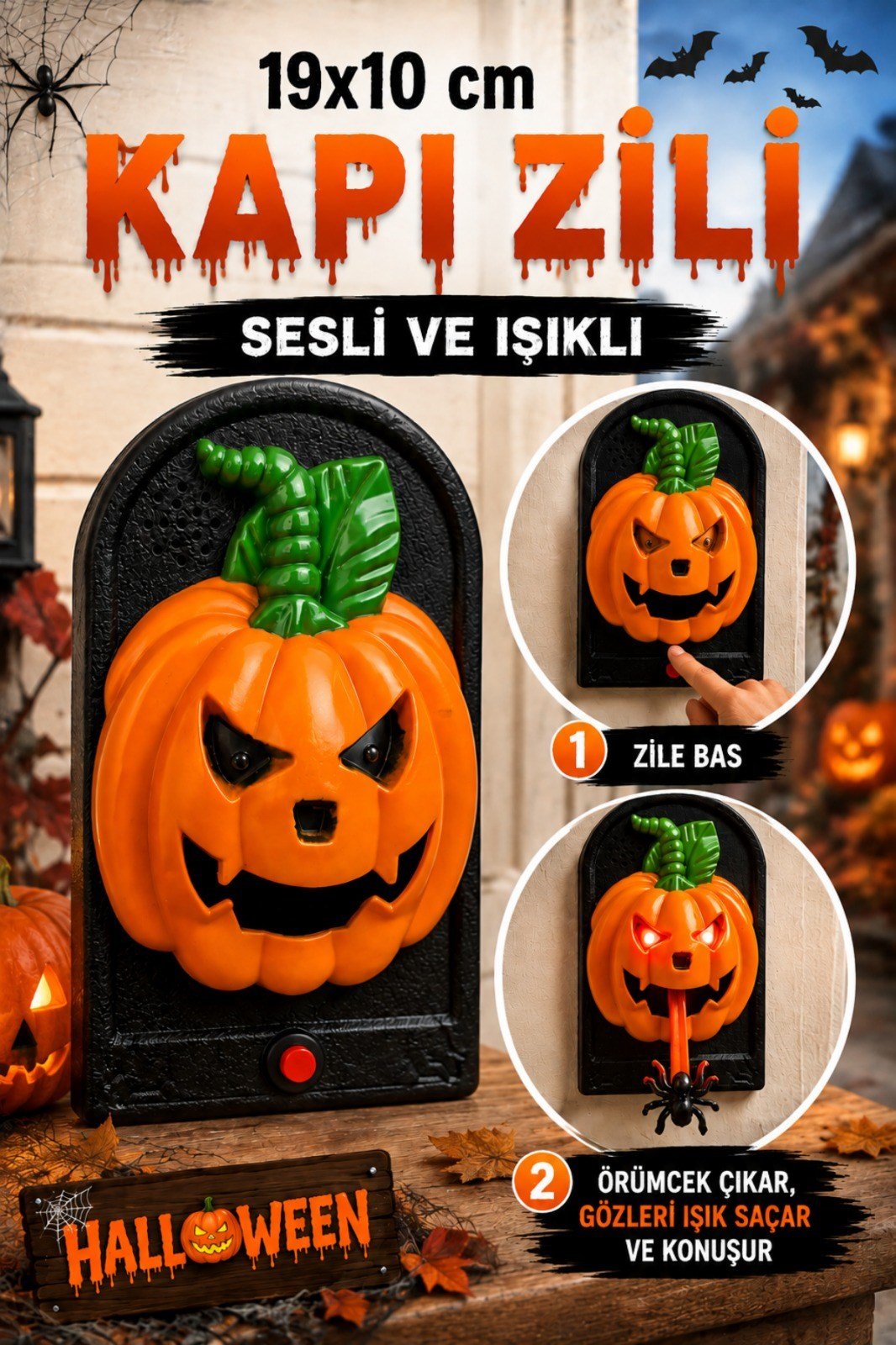 Işıklı Sesli Kabak Şekilli Aniden Örümcek Çıkan Kapı Zili 19x11 cm Halloween Cadılar Bayramı Dekor
