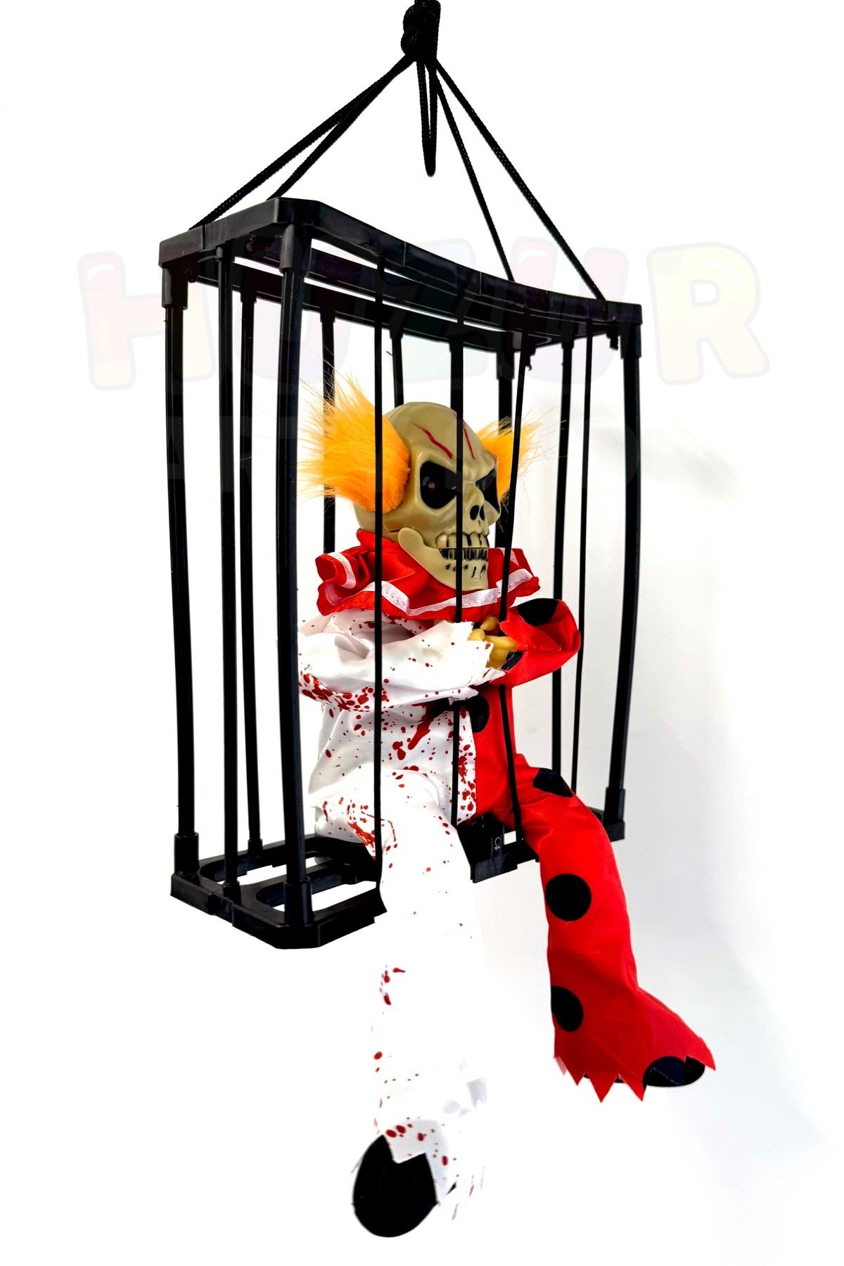 Kafes İçinde Korkunç Palyaço Hareketli Sese Duyarlı Işıklı 40x24 Cm Pilli Cadılar Bayramı Halloween