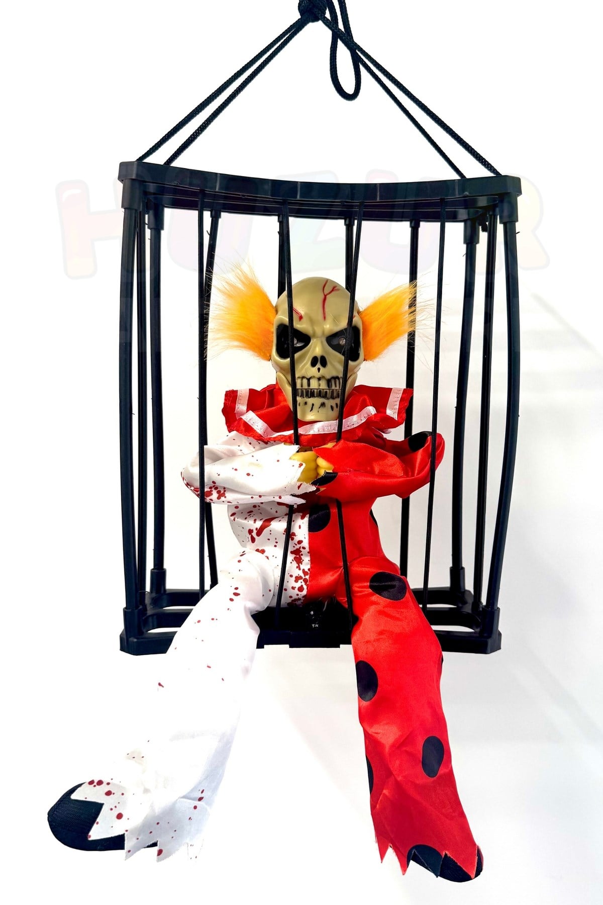 Kafes İçinde Korkunç Palyaço Hareketli Sese Duyarlı Işıklı 40x24 Cm Pilli Cadılar Bayramı Halloween
