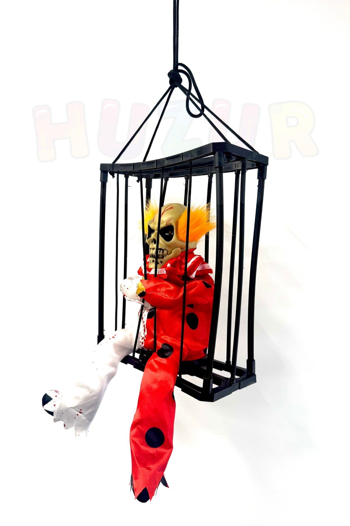 Kafes İçinde Korkunç Palyaço Hareketli Sese Duyarlı Işıklı 40x24 Cm Pilli Cadılar Bayramı Halloween