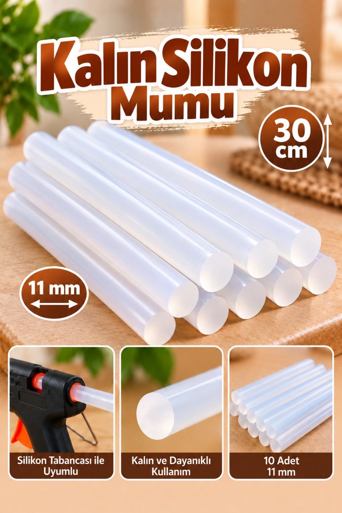 Kalın Silikon Çubuk 10 Adet 30 cm Şeffaf Sıcak 11.2mm Mum Tabancası Uyumlu Yapıştırıcı Hobi 
