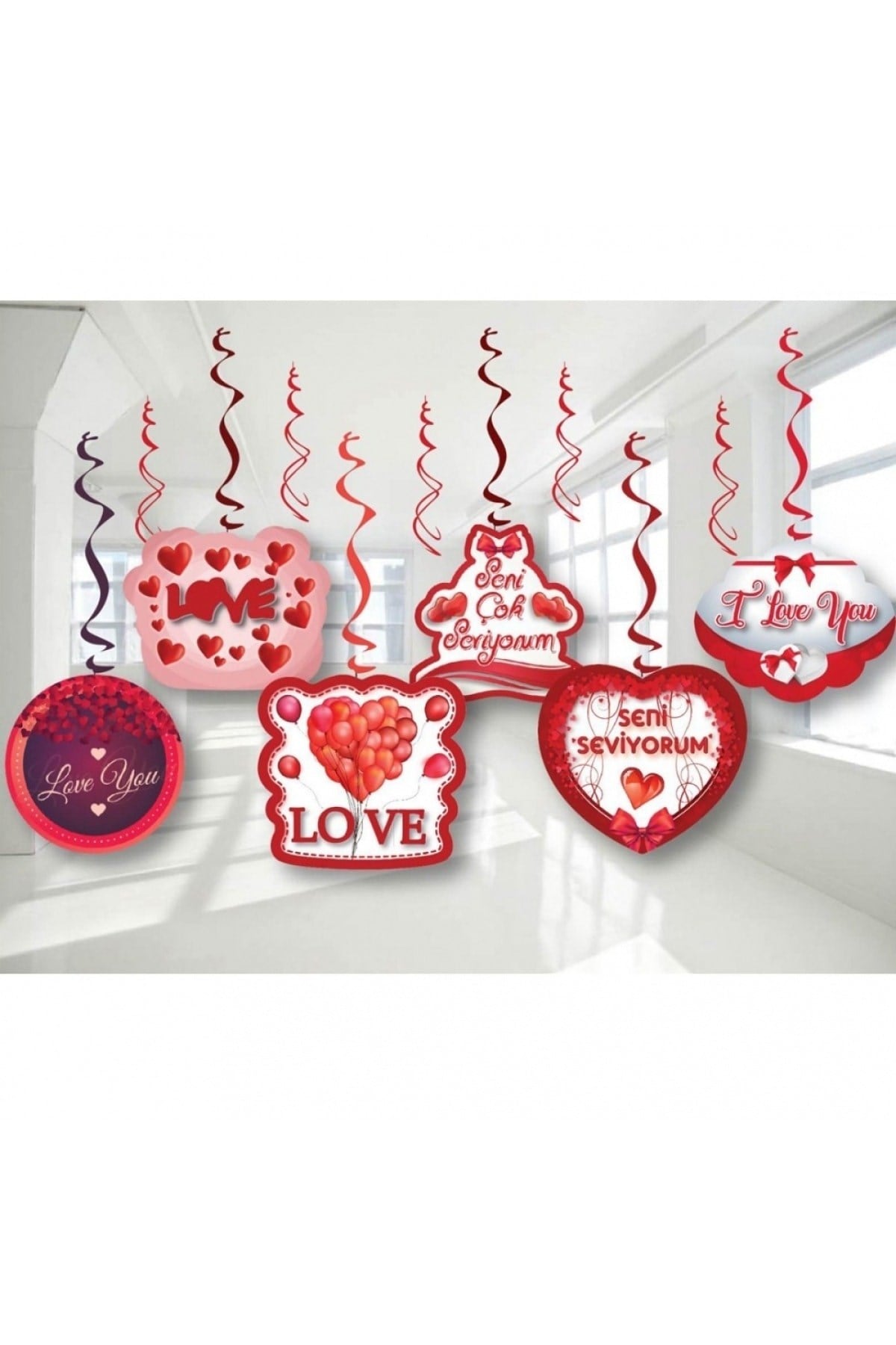 Kalp Temalı Seni Seviyorum I Love You Yazılı 6lı 70 Cm Çift Taraflı Kalpli Sarkıt Tavan Süsü