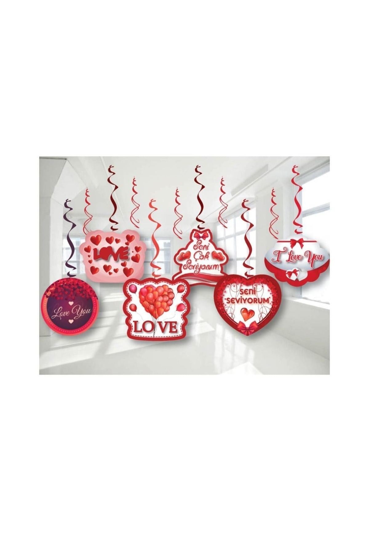 Kalp Temalı Seni Seviyorum I Love You Yazılı 6lı 70 Cm Çift Taraflı Kalpli Sarkıt Tavan Süsü