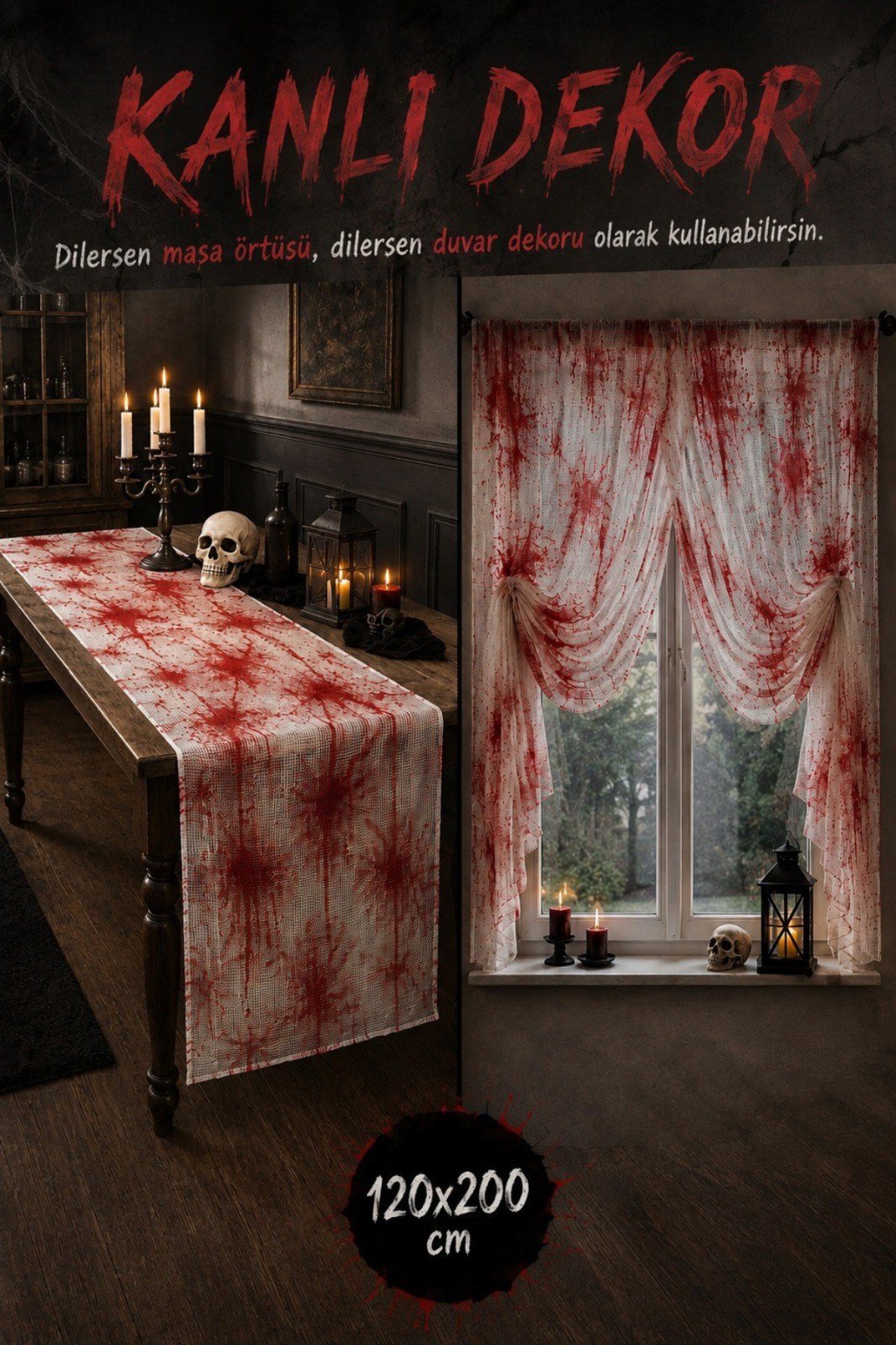 Kanlı Bez Dekor 120x200 cm Halloween Masa Örtüsü Duvar Süsü Cadılar Bayramı Korku Parti Aksesuarı