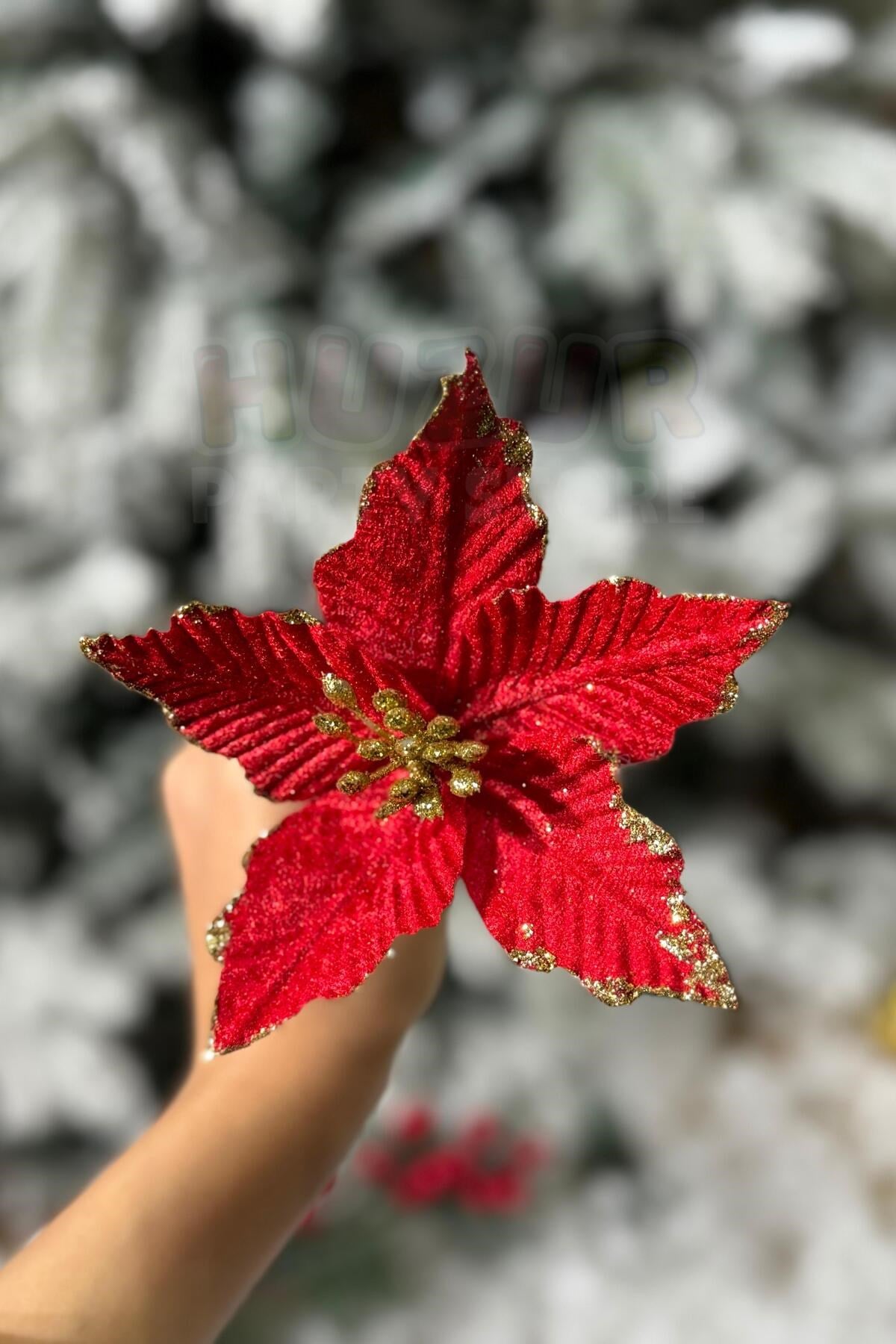 Kırmızı Ata Çiçeği 15 Cm Yapay Çiçek Yılbaşı Çam Ağacı Yeni Yıl Dekoru Tepecik Tohumları Gold Renk