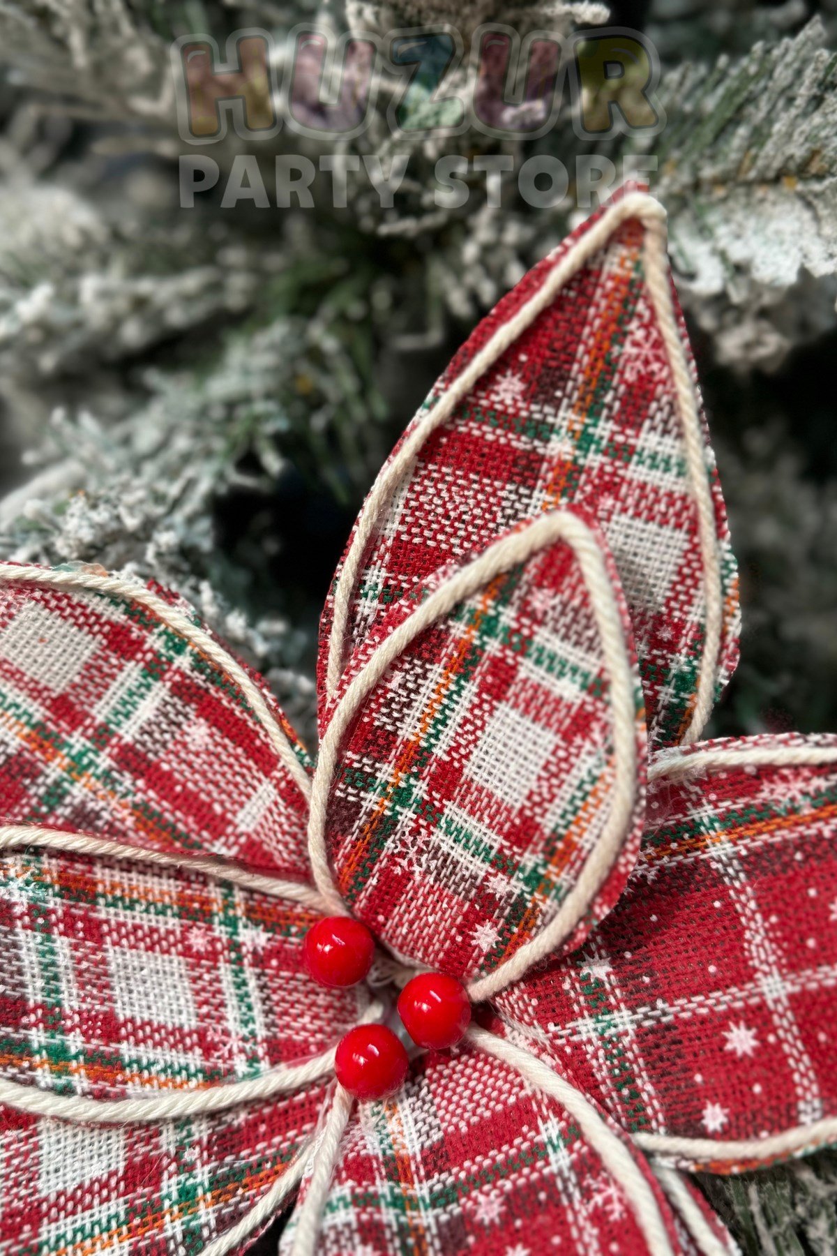 Kırmızı Ekoseli Keten Ata Çiçeği 25 Cm Yılbaşı Yeni Yıl Yapay Atatürk Çiçek Süsü Kırmızı Kokinalı