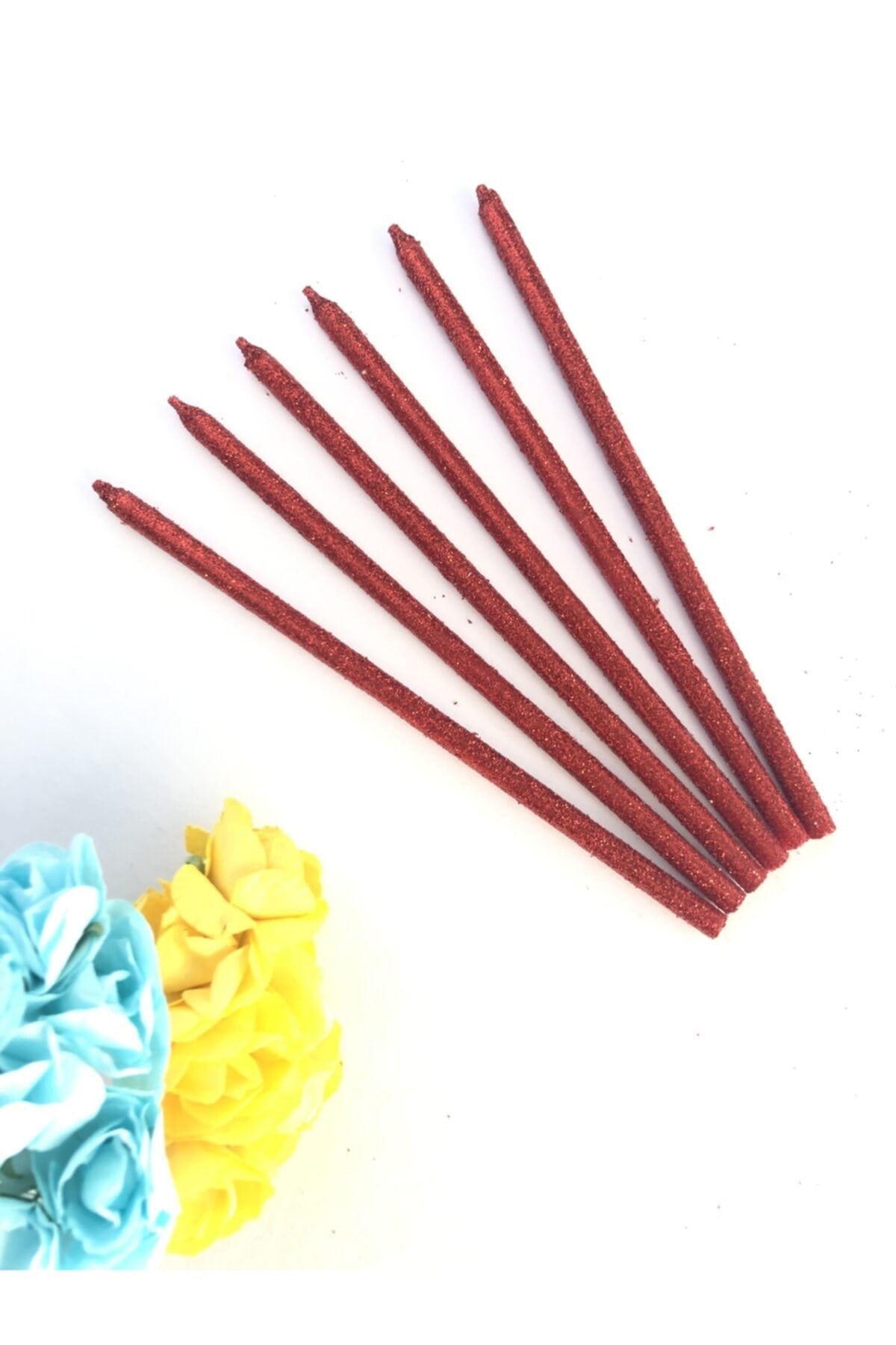 Kırmızı Renkli 14 Cm Simli Göz Alıcı Ince Kibar Işıl Işıl 6 Lı Doğum Günü Parti Pasta Kek Mumu
