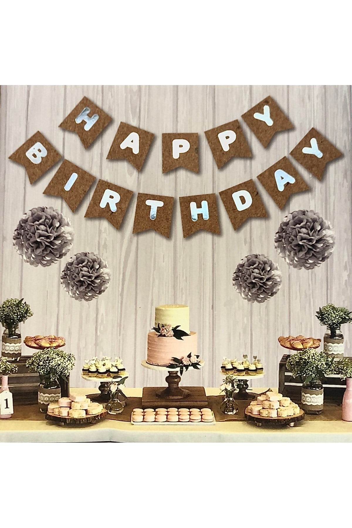 Kraft Karton Üstüne Gümüş Gri Yaldızlı Happy Birthday Yazılı Doğum Günü Partisi Ipli Yazı Banner