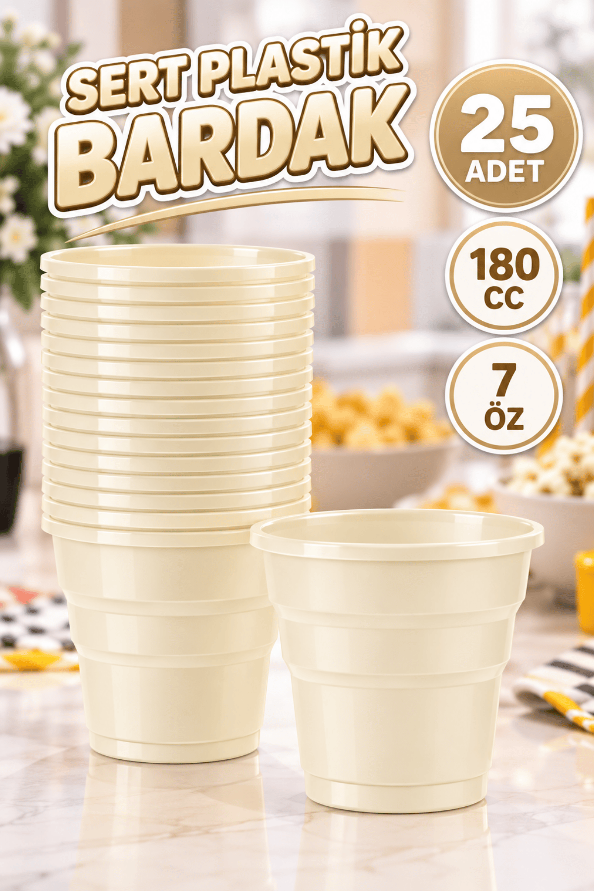 Krem Renk 25 Li Plastik Bardak 180 Cc 7 Oz Sert Doğum Günü Partisi Meşrubat Bardağı